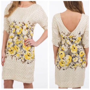 Anthropologie Meadow Rue Linen Silk Floral Dress Cream Yellow Black Size 0
